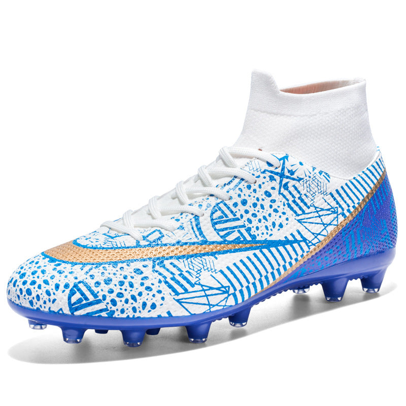 New Breathable High-Top Firm Ground Soccer Shoes - Long Nail White And Blue