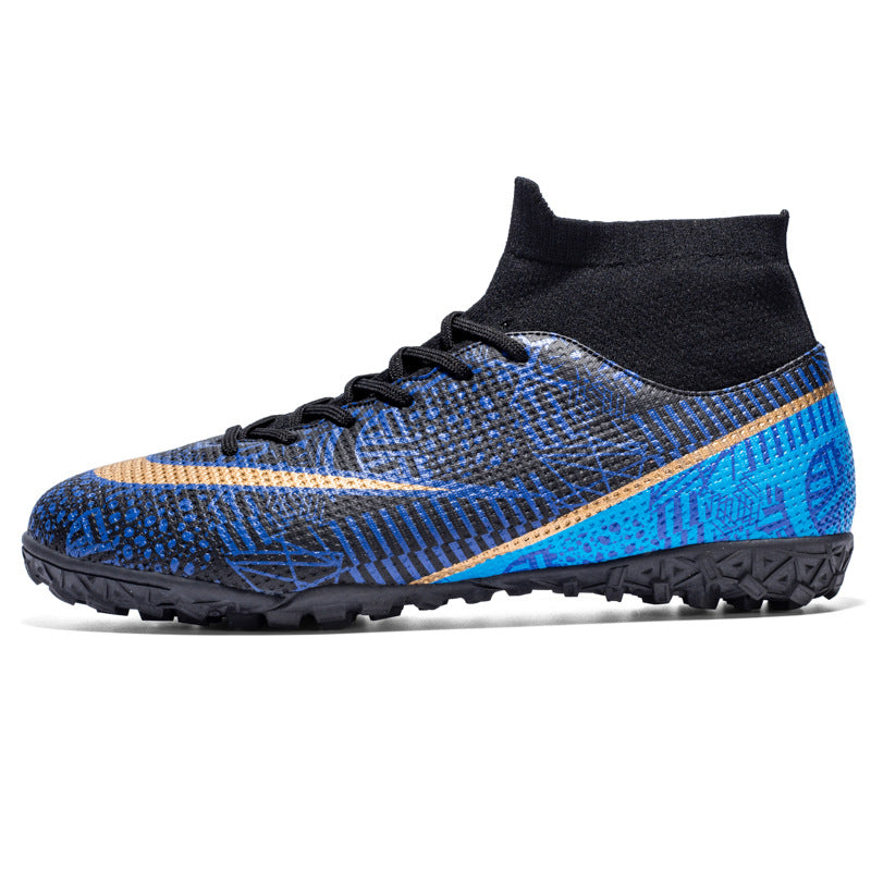 New Breathable High-Top Firm Ground Soccer Shoes - Broken Nail Black And Blue