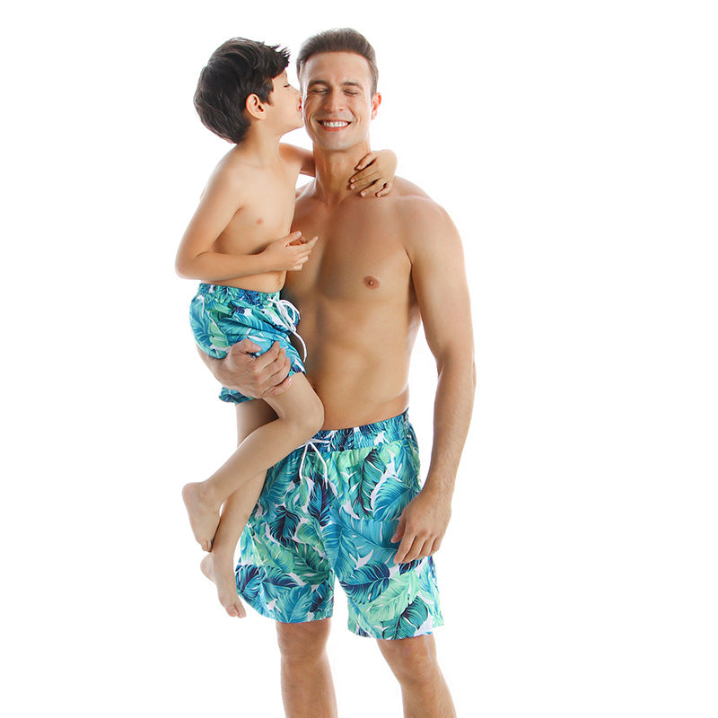Parent-Child Quick-Dry Beach Pants - Big blue leaves