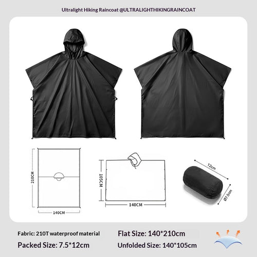 3-in-1 Lightweight Rain Poncho for Hiking - Black