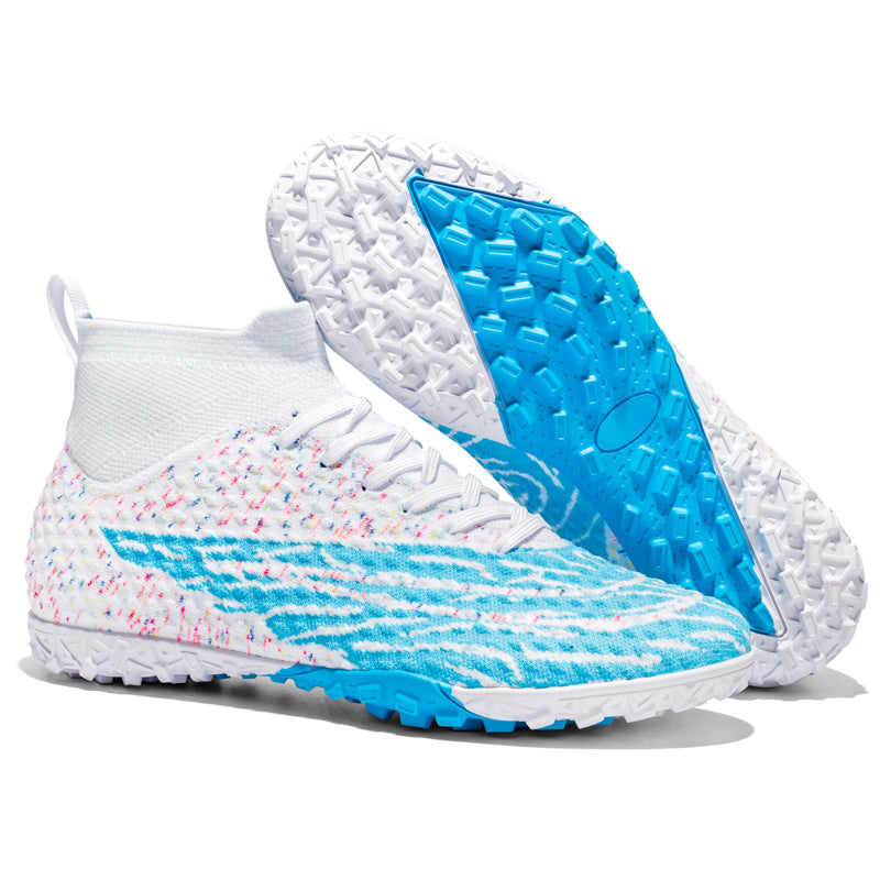 High-Top Soccer Shoes, Game-Specific Spike - Broken Nail White And Blue