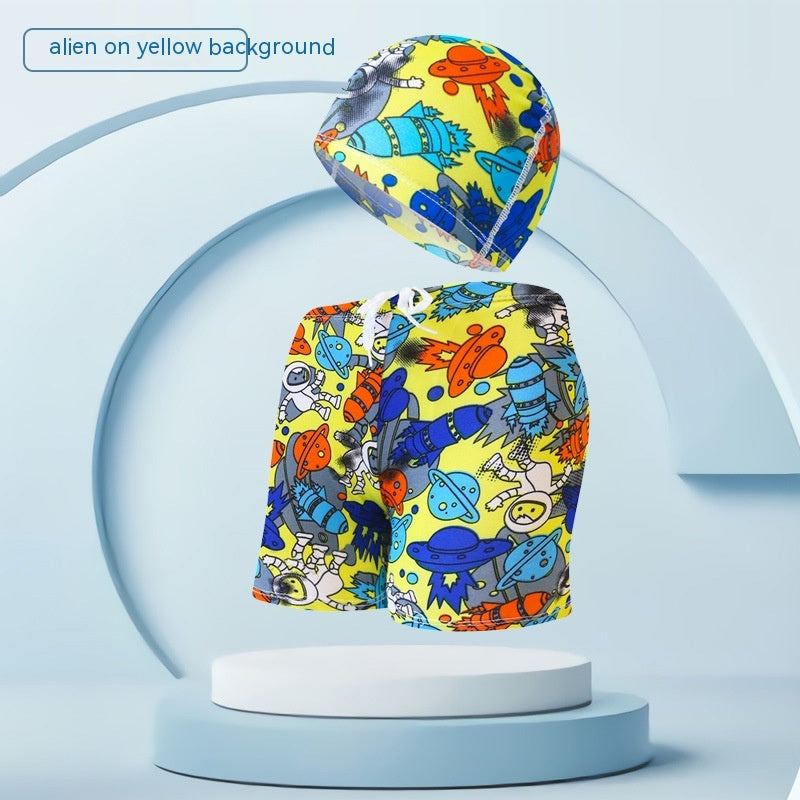 Children's Swimming Trunks Beach Vacation With Swimming Cap Suit - Yellow Bottom Alien 20