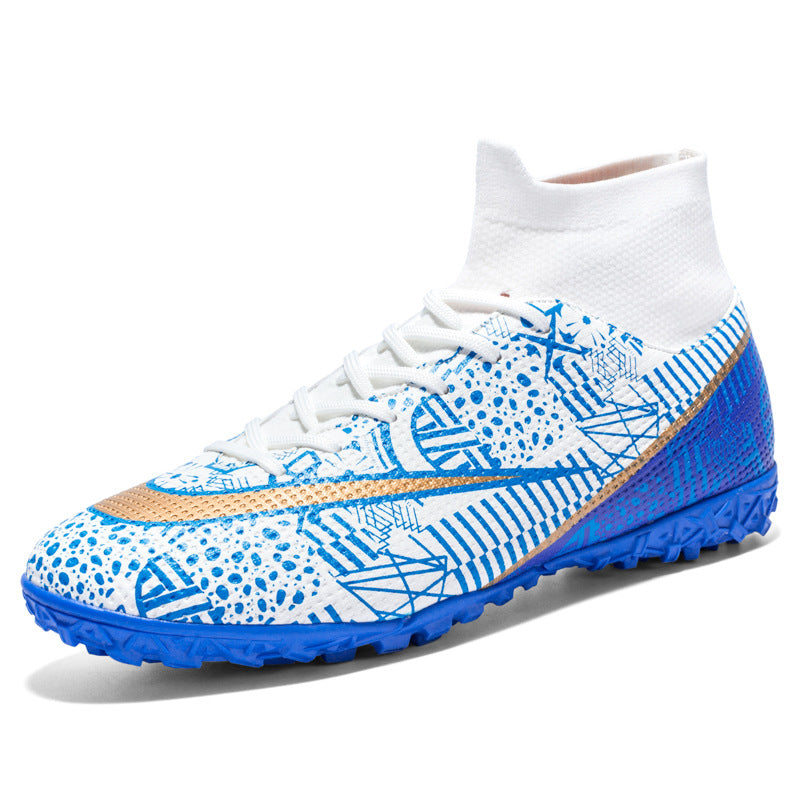 New Breathable High-Top Firm Ground Soccer Shoes - Broken Nail White And Blue