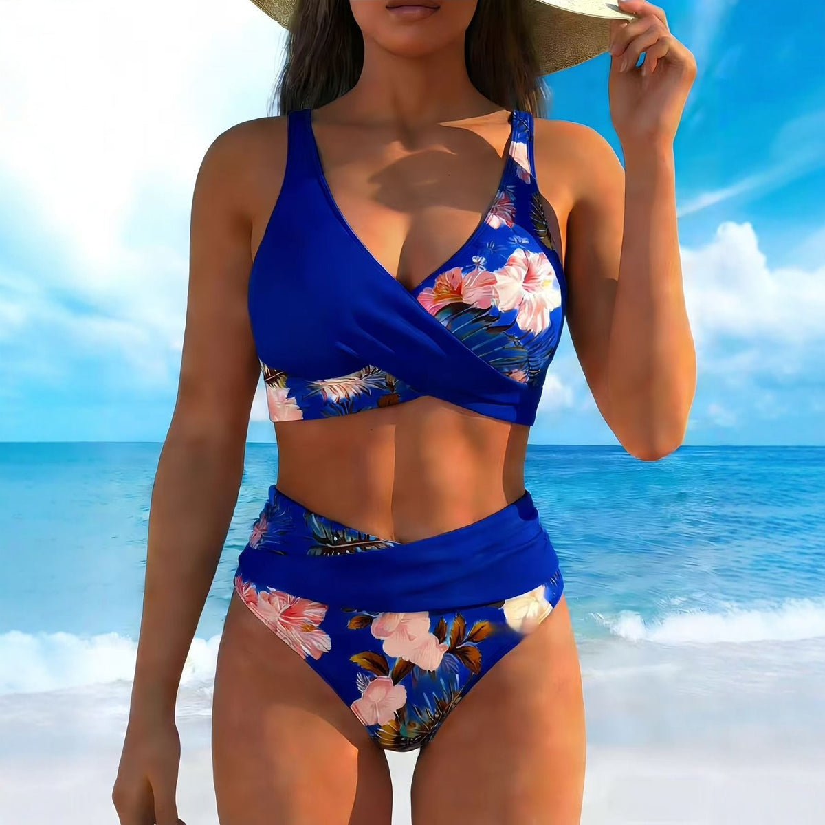 Floral Print Bikini Set - Sapphire Blue