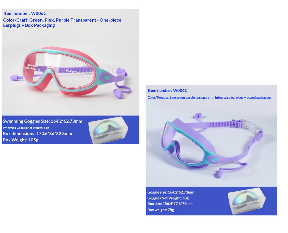 Large-Frame Kids' Swimming Goggles - Green Pink Purple Transparent