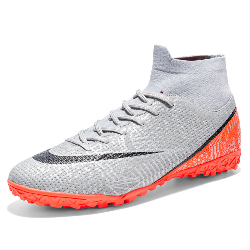 New Breathable High-Top Firm Ground Soccer Shoes - Broken Nail Gray Orange