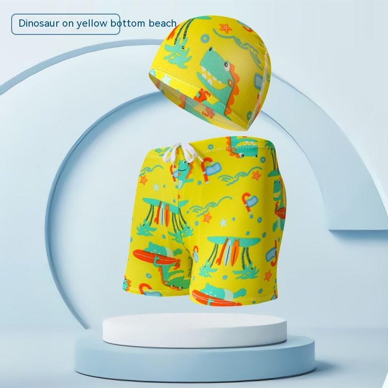 Children's Swimming Trunks Beach Vacation With Swimming Cap Suit - Yellow Beach Dinosaur 19