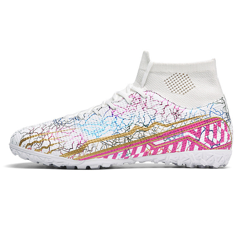 High-Top Youth Spike Turf Soccer Shoes - Broken Nail White