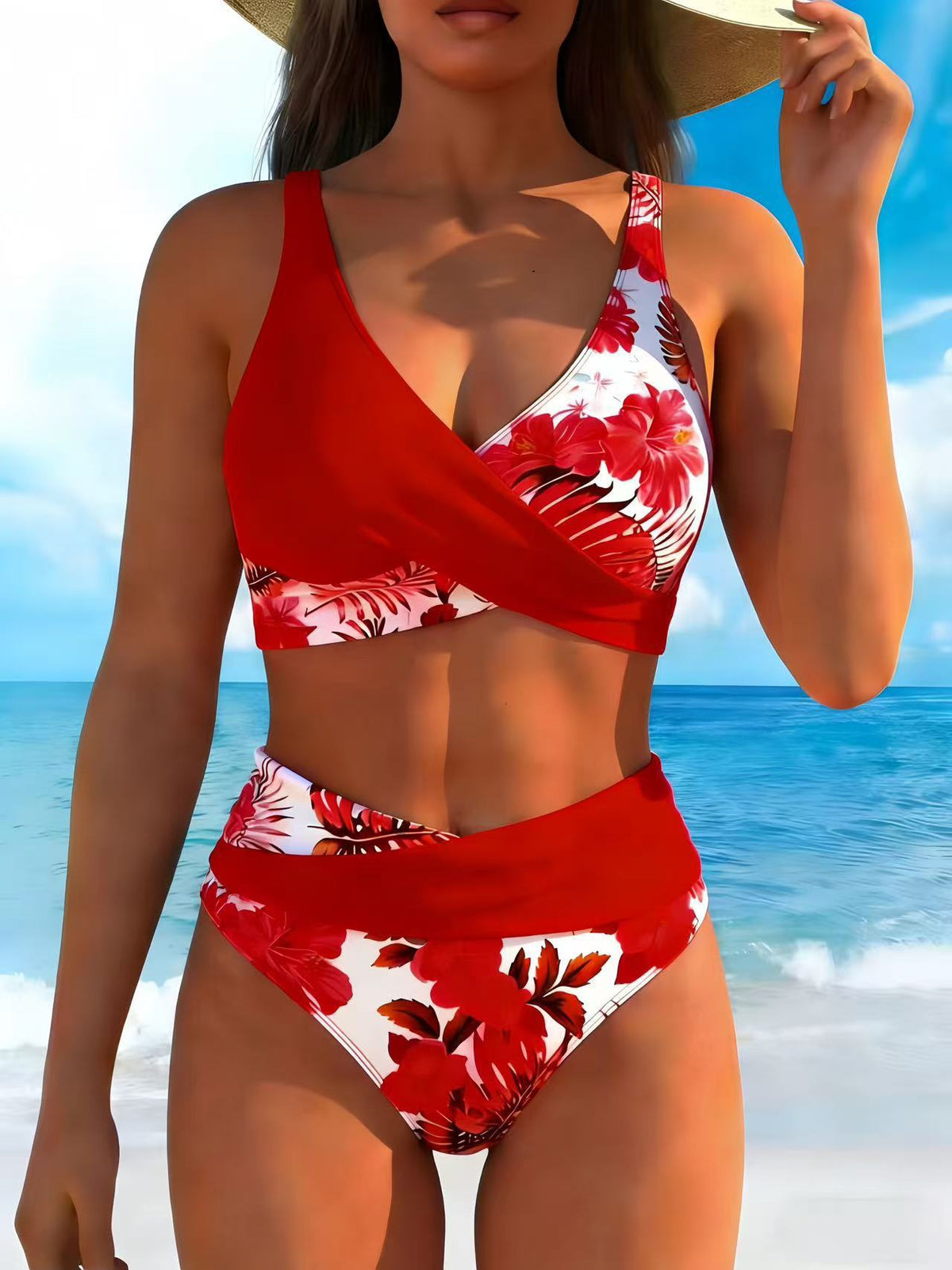 Floral Print Bikini Set - Red