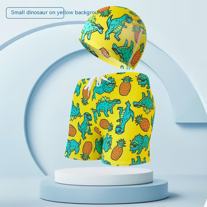 Children's Swimming Trunks Beach Vacation With Swimming Cap Suit - Little Yellow Dinosaur 18