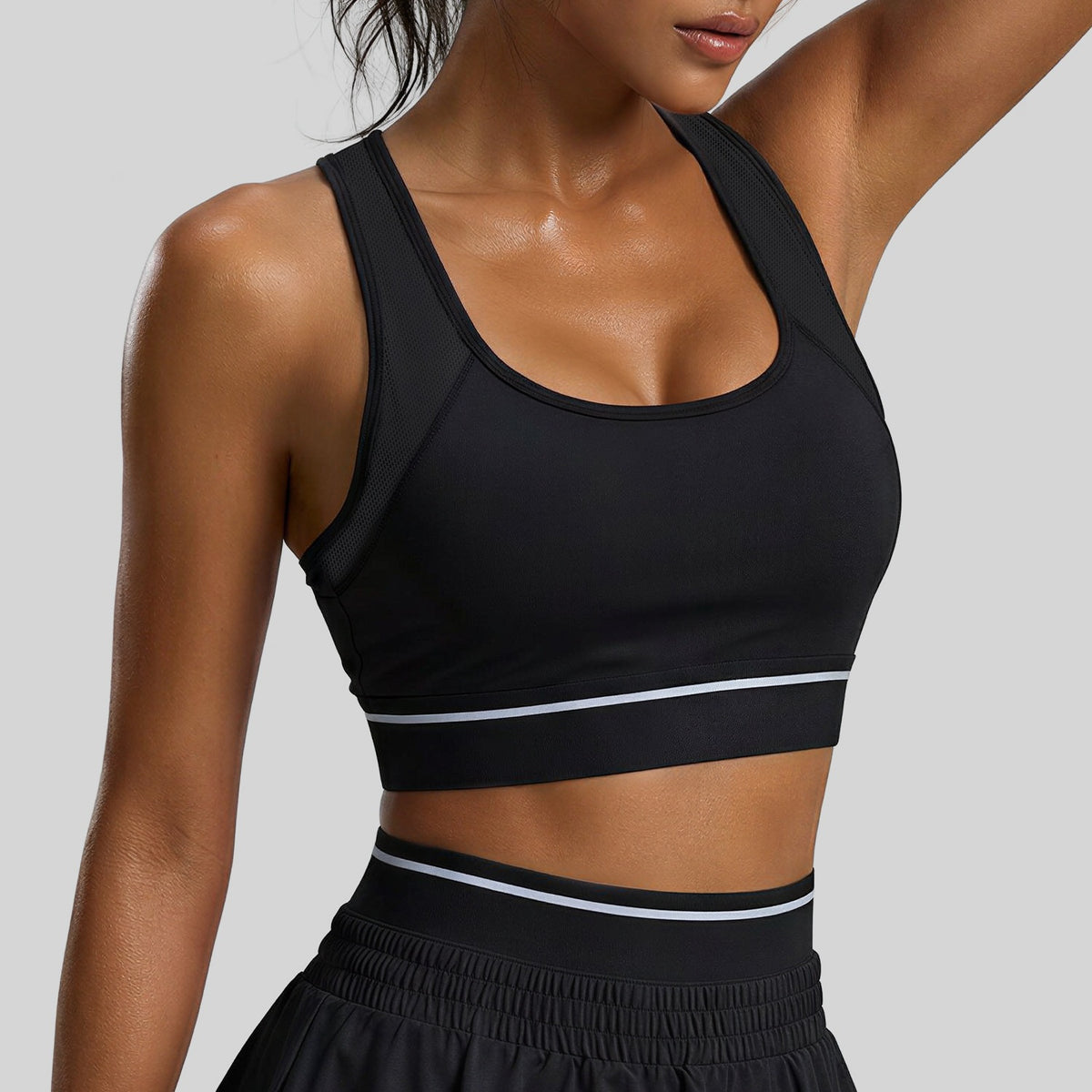 Mesh-Panel Push-Up Sports Bra - Black