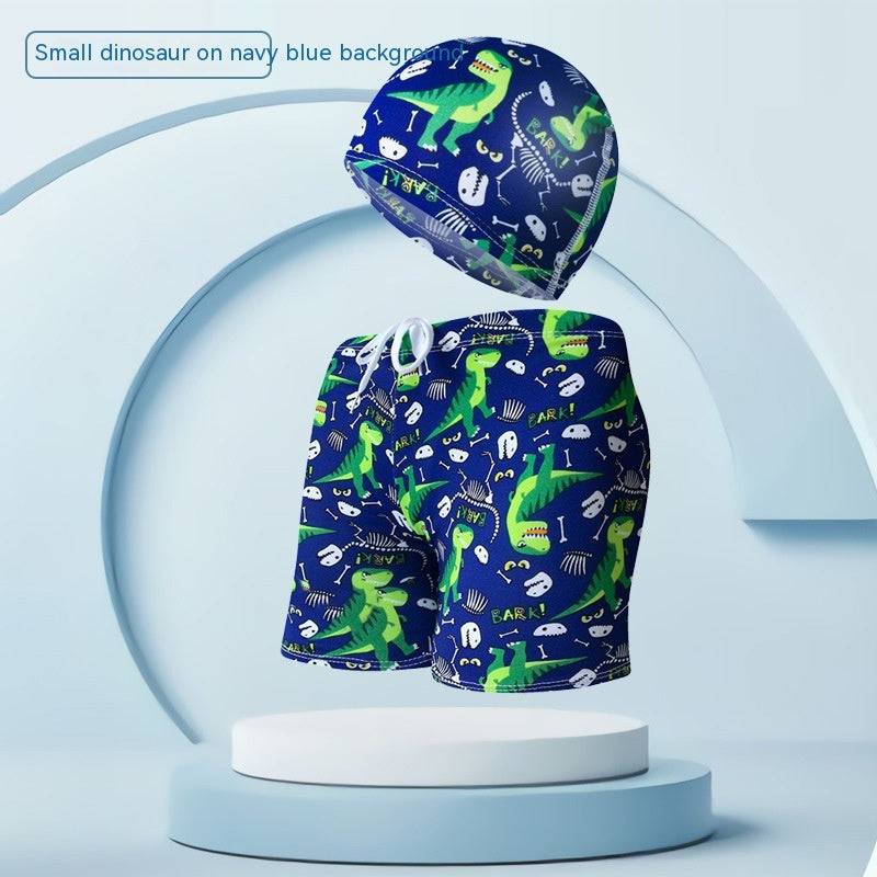 Children's Swimming Trunks Beach Vacation With Swimming Cap Suit - Navy Blue Little Dinosaur 14