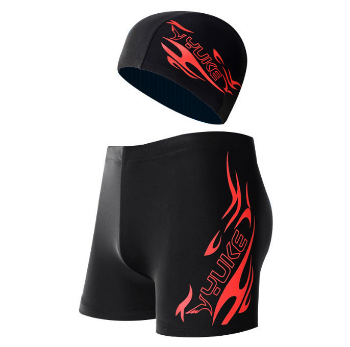 Men's Boxer Swimming Trunks Plus Size Swimsuit Swimming Cap Suit - B20 Red Fire