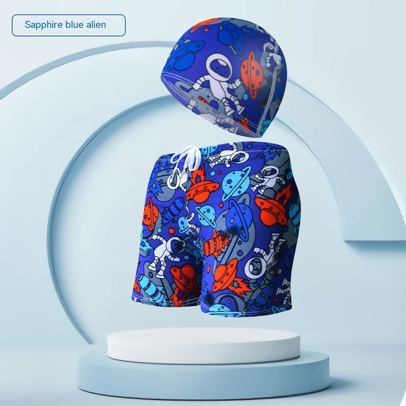 Children's Swimming Trunks Beach Vacation With Swimming Cap Suit - Sapphire Blue Alien 12