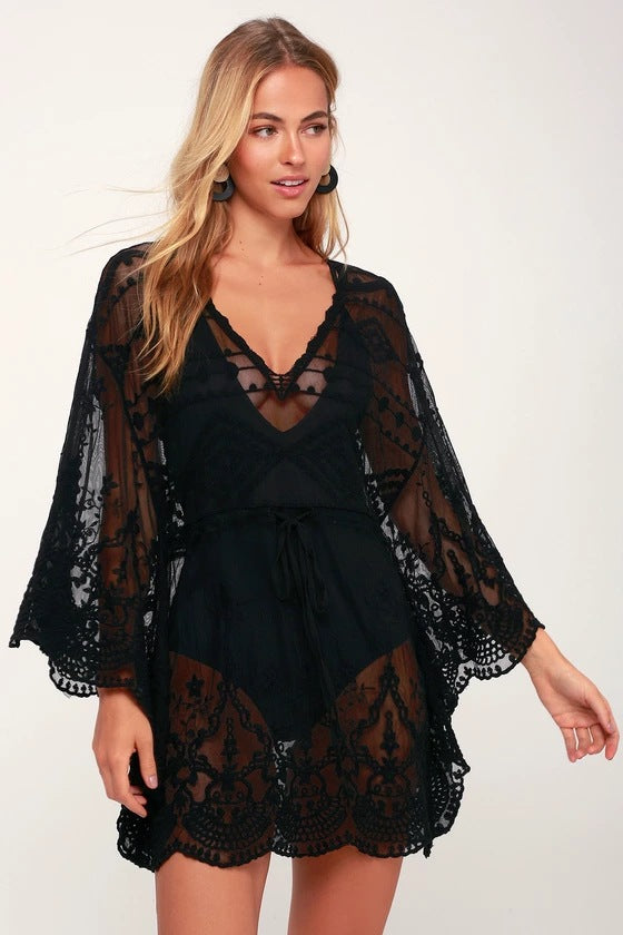 Lace Bikini with Cover-Up Blouse - Black