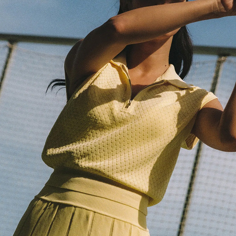 Jacquard Polo & Pleated Tennis Skirt Set - Banana yellow vest