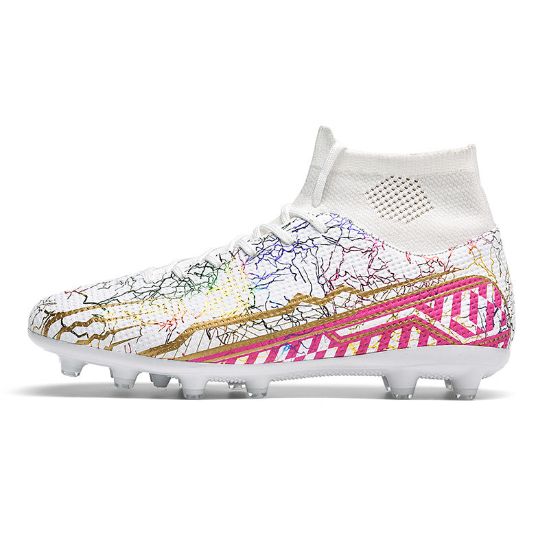 High-Top Youth Spike Turf Soccer Shoes - Long Nail White
