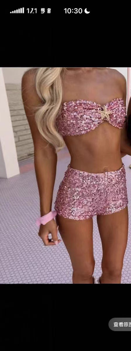 Sequin Bikini Set with Shorts - Pink Bra Shorts Suit