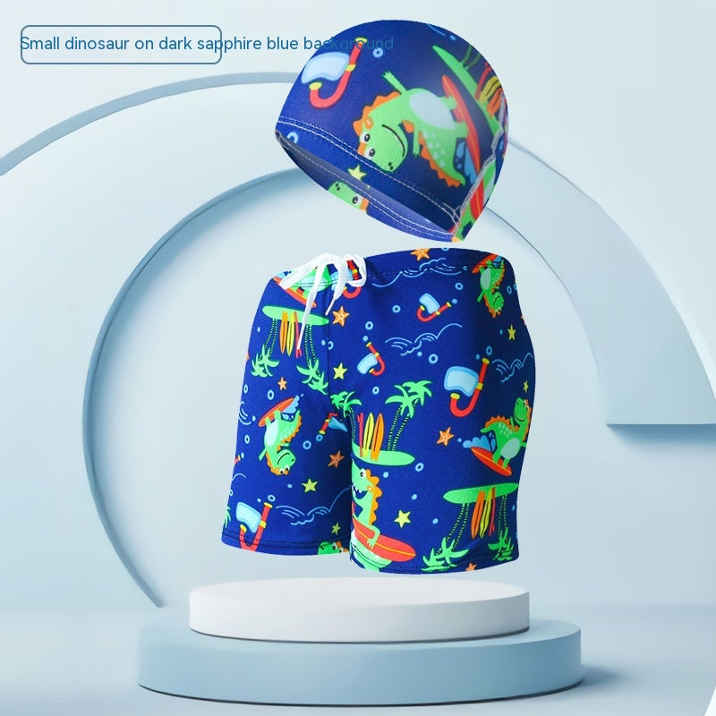 Children's Swimming Trunks Beach Vacation With Swimming Cap Suit - Deep Sky Blue Dinosaur 15