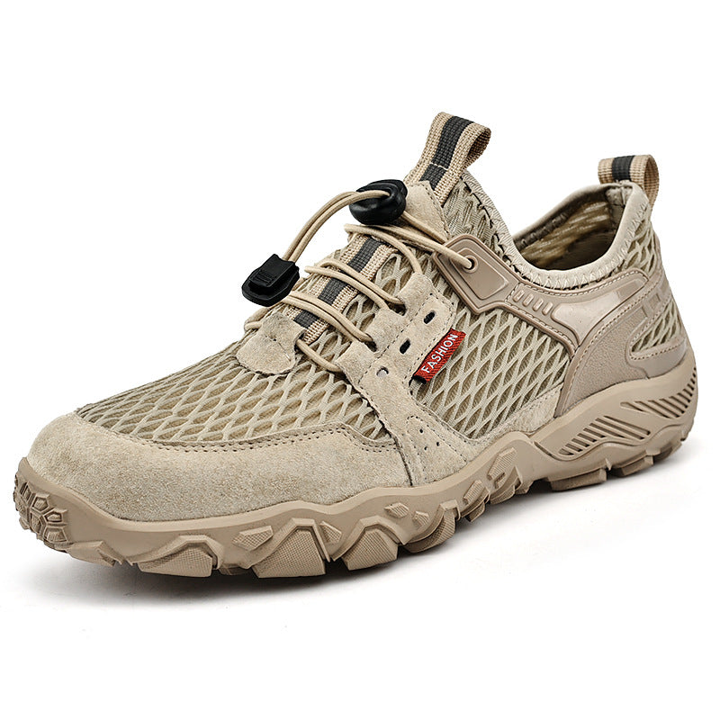 Breathable Leather Mesh Hiking Shoes - Khaki