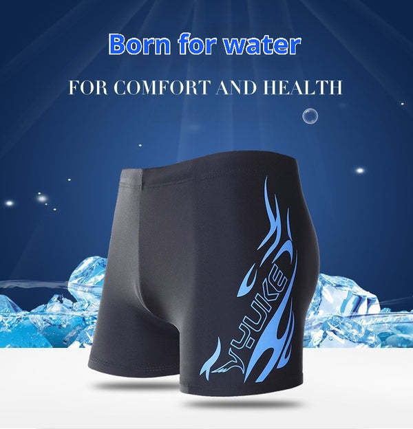 Men's Boxer Swimming Trunks Plus Size Swimsuit Swimming Cap Suit - Blue Fire Without Hat
