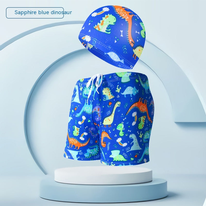 Children's Swimming Trunks Beach Vacation With Swimming Cap Suit - Sapphire Blue Dinosaur 13