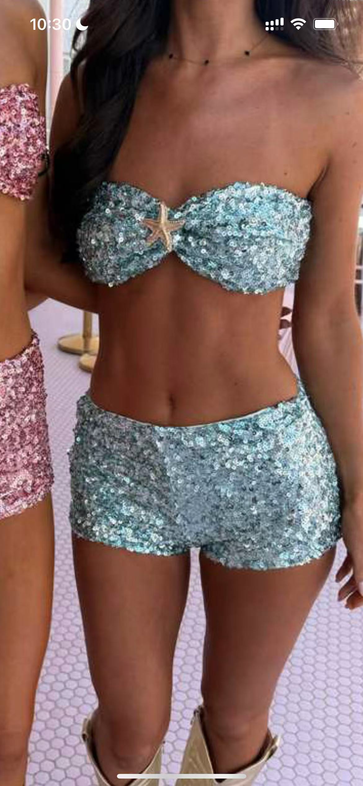Sequin Bikini Set with Shorts - Blue Bra Shorts Suit
