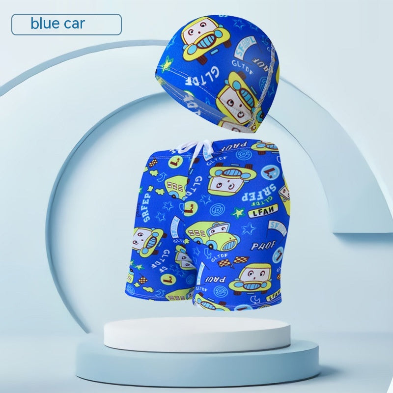 Children's Swimming Trunks Beach Vacation With Swimming Cap Suit - Blue Bottom Car 16