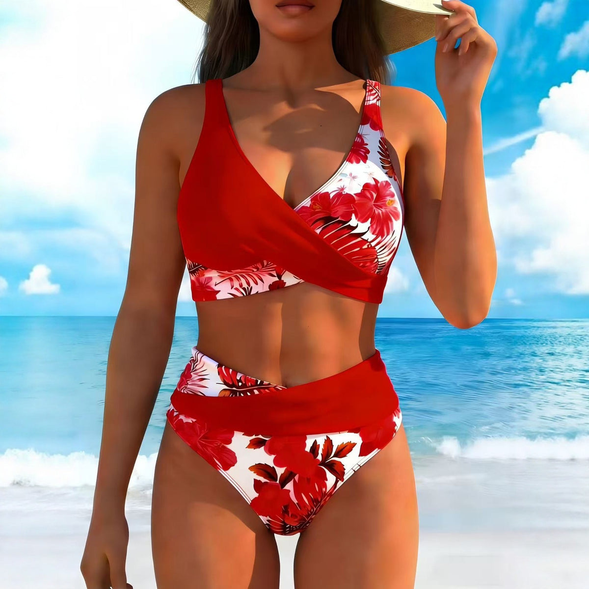 Floral Print Bikini Set - Red