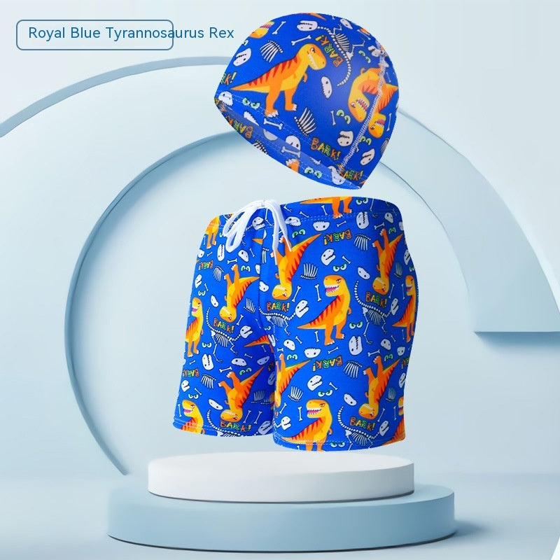 Children's Swimming Trunks Beach Vacation With Swimming Cap Suit - Sapphire Blue Tyrannosaurus 21