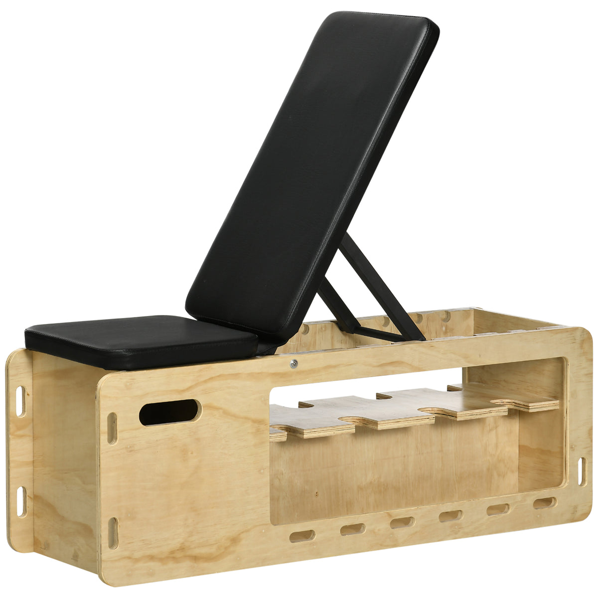 Wooden Adjustable Bench with Dumbbell Rack - Natural wood finish