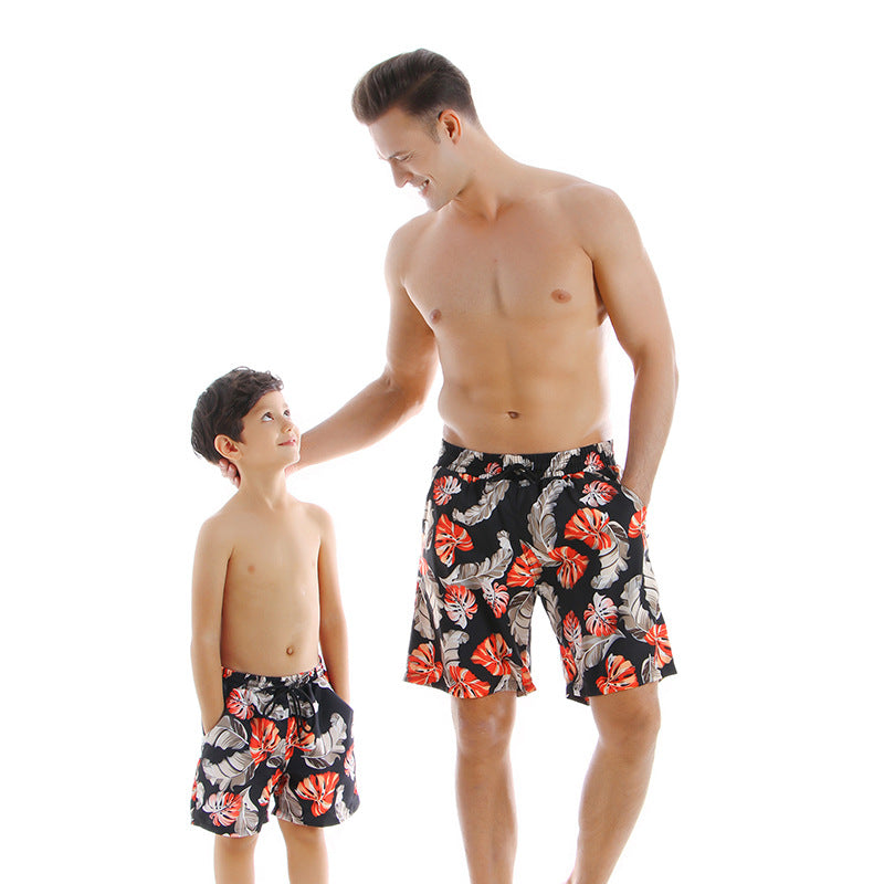Parent-Child Quick-Dry Beach Pants - Black monstera