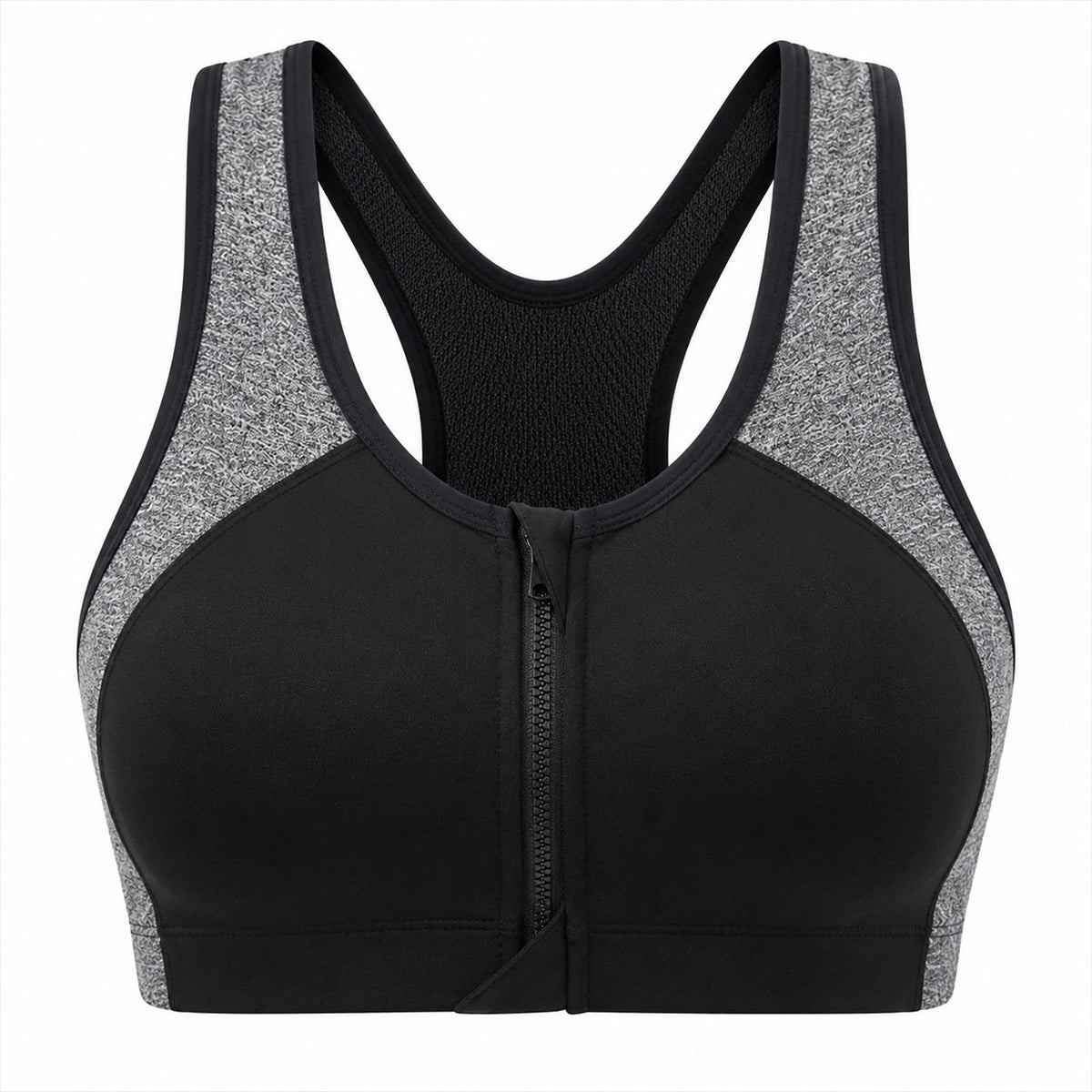 Front-Zip Supportive Sports Bra - Black