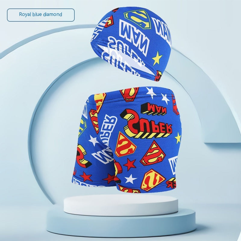 Children's Swimming Trunks Beach Vacation With Swimming Cap Suit - Sapphire Blue Bottom Diamond 4